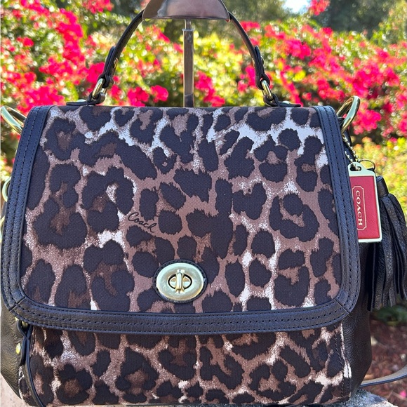 COACH Park Ocelot Print Flap and Pebble Leather Top Handle/Shoulder Bag - Picture 4 of 12